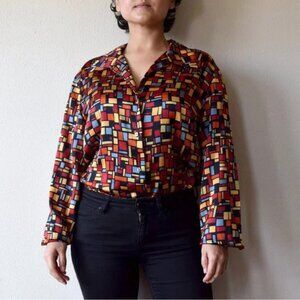 Vintage 100% Silk Liz Claiborne Colorful Geometric Long Sleeve Blouse